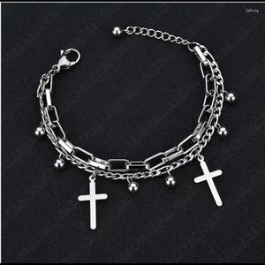 Charm Bracelets Initial Cool Cross Pendant Bracelet For Women Egirl 2 Layering Linked Chain Grunge Aesthetic Goblincore Jewelry