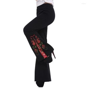 Women's Pants Middle Aged Chinese Style Embroidery Flowers Women Long Trouser High Waist Wide Leg Flare S-5XL