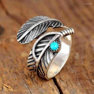 Cluster Rings Retro Silver Color Turquoise For Men And Women Vintage Feather Green Agate Ring Jewelry Adjustable Opening