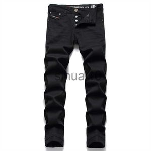 Herr jeans heta mäns svarta jeans enkel trend stretch smala blyertsbyxor högkvalitativ fast färg midvist broderade varumärkesbyxor j230728