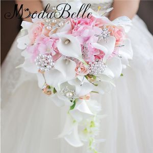 Modabelle Wasserfall-Stil Calla-Lilien Hochzeitssträuße Blumen Perlen Schmetterling Brautstrauß weiß rosa Hochzeitsaccessoires255T