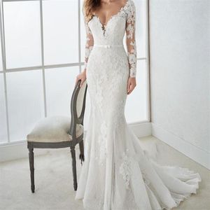 New Elegant White Mermaid Wedding Dresses Lace Appliques Sweep Train Backless Country Bridal Dresses Long Sleeves V Neck Wedding G230o