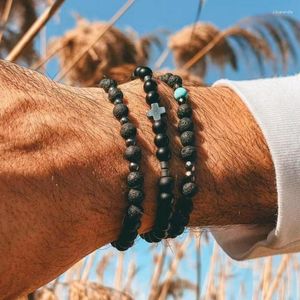 Link Bracelets 6mm Natural Stone Bracelet Set 3Pcs/set Black Lava Hematite Beads For Women Men Prayer Fitness Couple Jewelry Gift