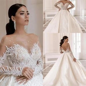 New Arrival Luxury Arabic Dubai Beads Crystals Ball Gown Wedding Dresses 2022 Vestido de Noiva Soft Sheer Tulle Long Sleeves Backl231s