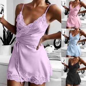 Camisola Feminina Silk Sling Lingerie Sexy Feminina Cetim Pijamas Rendas Decote em V Roupa de Dormir Senhoras Babydoll Homewear Camisola S-3XL L230626