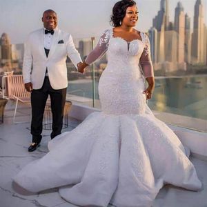 South African Long Sleeve Mermaid Wedding Dresses Lace Appliques Plus Size Sheer Neck Bridal Gowns See Through Back Long Wedding V354a