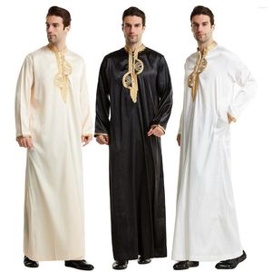 Ethnic Clothing Muslim Men Long Sleeves Stand Collar Pure Color Embroidery Robe Arab Male Adult Ankle Length Thobe Ramadan Eid Clothes