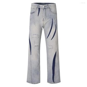 Jeans masculino Y2K Hole Cut Patchwork Azul Lavado Calça Baggy Unissex Bolso Reto Solto Calças Denim Casuais Cargas Grandes
