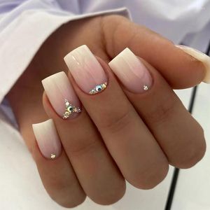 False Nails 24st Gradient Milky White Simple Square Fake With Rhinestone Short French Press On Full Cover Nail Tips