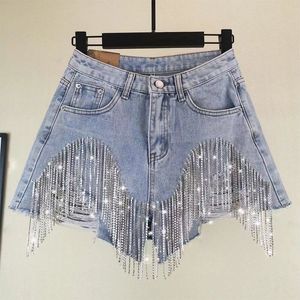 Frauen schwerer Strasshoch -Loch -Jeans Shorts weibliche Hochtails Mode -Sommer -Weitbein -Denim -Shorts Frau sexy Jeans dünne Hose Rippte Denim Shorts groß