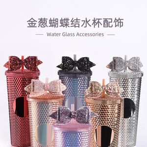 Tumblers bling glitter bow bowknot topper de palha para decoração de caneca de copo 230731