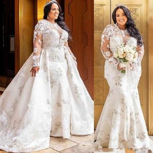 Vacker plusstorlek afrikansk sjöjungfru spets bröllopsklänningar med avtagbar kjol långärmad land vestido de novia brud klänning BR2480