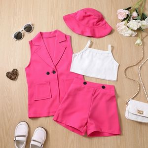 Clothing Sets 1 6Y Kids Girls Summer Clothes Set Baby Sleeveless Lapel Blazer Coat Tank Tops Buttons Shorts Hats 4Pcs Children Suits 230731