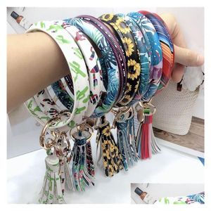 Nyckelringar Lanyards 24 Styles Colorf Pu Leather O Key Chain Custom Assel Wristlet Armband Keychain Bangle Women Girl Ring Wrist Stra OT4JR