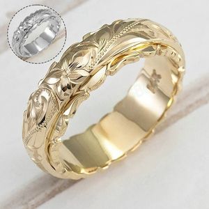 Women Alloy Flower Finger Ring Elegant Gold Silver Color Bands Simple Wedding Engagement Promise Carved Ring Gift Jewelry
