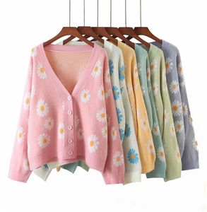 Damen Strick T-Shirts Kpytomoa Femme Modedruck Weicher Pullover Damen Volle Ärmel Floral Single Little Daisy V-Ausschnitt Pull Oversize Cardigan Streetwear 230729