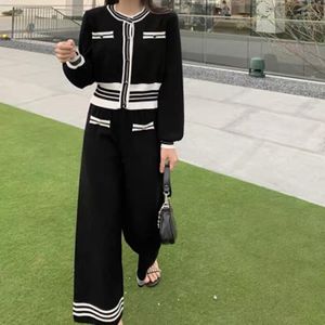 Women's Two Piece Pants Korean Tracksuits Autumn Knitted Women Button Cardigan Top And Wide Leg Contrast Color Striped Two-Piece Suit Sets