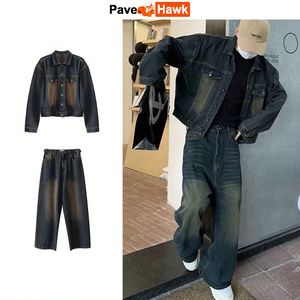 Mens Tracksuits Korean Style Male Jacket Set Denim Solid Color Lapel Coat Wide Leg Straight Jeans Casual Loose Two Piece Suit unisex 230731
