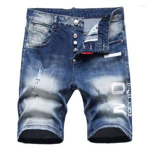 Herr jeans sommar män denim shorts rippade smala passform korta byxor märke hip hop hole streetwear manlig knä längd nödbyxor byxor