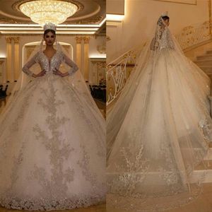 Dubai Arabic Ball Gown Wedding Dresses 2021 Luxury Long Sleeves Appliqued Lace Crystal Beads Bridal Gowns V Neck Vestidos De Novia289U