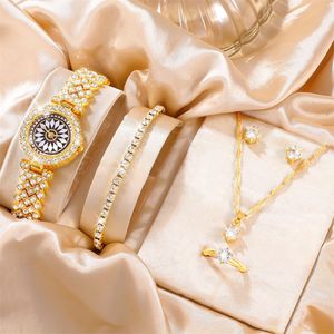 Wristwatches 6PCS Set Luxury Watch Women Ring Necklace Earrings Fashion Wristwatch Female Casual Ladies Watches Bracelet Set Clock 230729