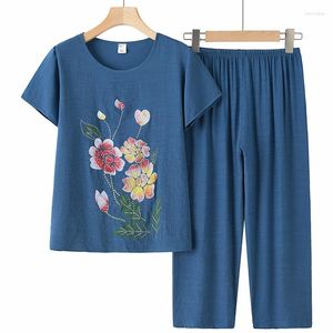 Roupa de dormir feminina verão roupas femininas de meia-idade mãe manga curta conjunto de linho de algodão estampado tamanho grande vovó pijama terno 4XL