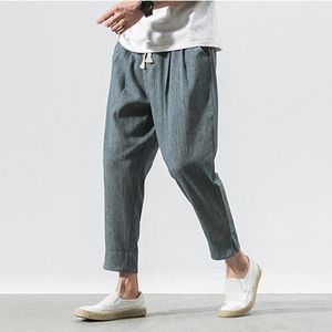 Calça masculina de verão para todos os jogos, confortável, respirável, fina, de linho, de algodão estilo chinês, flor solta, corte diário