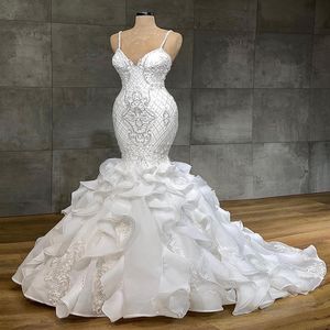 Spaghetti Crystal Mermaid Wedding Dresses Beading Ruffles Chapel Long Train Appliqued Bridal Gowns vestido de noiva 2021339H