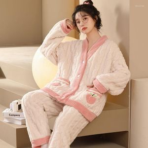 Kvinnors sömnkläder persika tryck kvinnor pyjamas set vinter fleece sammet 2 stycke byxa hem kostym sömn fluffig koreansk piiama varm natt slitage