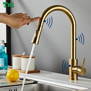 Kitchen Faucets Gold Touch Sensor Kitchen Faucet Single Hole Pull Out Spout Sink Mixer With Pull down Stream Sprayer Black Deck Mounted Tap 230729