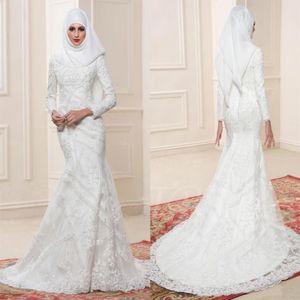 2017 Beyaz Müslüman Gelinlik Yüksek Boyun Boncuklu Aplike Denizkızı Tarzı Özel Yapımı Düğün G306D ile Uzun Kollu Gelin Gowns