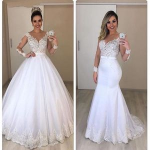 Eleganta långa ärmar sjöjungfru bröllopsklänningar 2023 för kvinnor spetsar applikationer brudklänningar med löstagbara tågpärlor bollklänning Brid253e