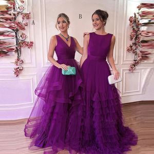 Lila ruffles en linje prom klänningar ärmlös puffy kjol kvinnor formell klänning tiered tyll lång kväll festklänning