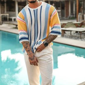 Men's Sweaters Men Sweater Striped Print Round Neck Knitted Color Matching Half Sleeve Loose Pullover