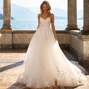 Abito da sposa sexy in pizzo con scollo a cuore, abito da sposa con perline, cinturino per spaghetti, abiti da sposa bohémien