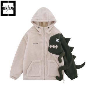 Mens Jackets Fashion Winter Warm Fleece Jacket Hooded Thick Thermo Coat With Dinasour Patch Decoration Outerwear 230731
