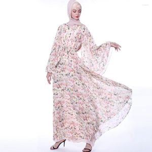 Roupas étnicas BNGS Abaya Eid Preto Para Mulheres Cafatan Marocain Femme Conjuntos Muçulmanos Chiffon Floral Cultivar Moralidade Chifre Manga Vestido