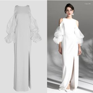 Casual Dresses Elegant White Evening 2023 Off The Shoulder Puffy Long Sleeves Satin Side Slit A-line Prom Party Wedding Women