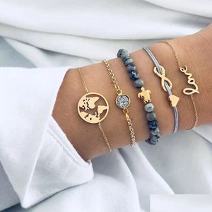 Charm Bracelets Conjunto de Pulseiras de Cinco Peças Tecido Amor 8 Letras Mapa do Mundo Inglês Tartaruga Contas Cinzentas Diamante Pedra Pinheiro Drop Delivery Jewe Dhcv2