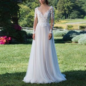 Bohemian Wedding Dress 2020 A-Line Sexig öppen bakre brudklänning långärmad spets med applikationer och tyll bröllopsklänning Vestidos de228g