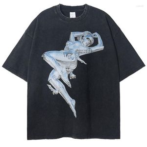 Erkek Tişörtleri Vintage Tshirt Street Giyim Y2K Hip Hop Retro Robot Grafik Baskı Yıkalı T-Shirt Harajuku Punk Gotik Gevşek Yaz Moda Tops