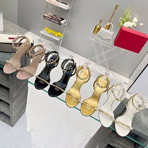 Sandalen, berühmte Designer-Damen-Damen-Absätze, dünne Absätze, Nieten-Sandalen mit Stiletto-Absatz, hochwertige Luxus-Sandalen, goldene Sandalen, Lieferung im Karton, große Größen 35–43