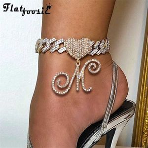 TOP Hop 26 Cursive Initial Letter Crystal Anklets for Women Iced Out Pave Cuban Chain Ankle Bracelet Leg Foot Jewelry 230719