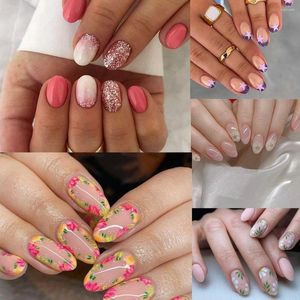 Unhas Postiças Oval Moda Estrela Francesa Flores Pontas de Unha Glitter Rosa Vermelha Cobertura Completa Falsa Para Salon