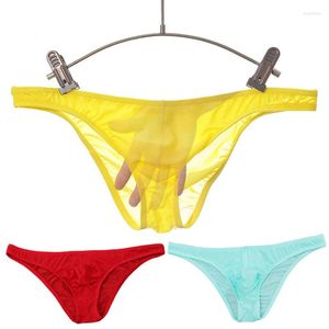 Cuecas masculinas elásticas sem costura, sólidas, ultrafinas, respiráveis, grandes, bolsas para pênis, cuecas de seda gelada, cintura baixa