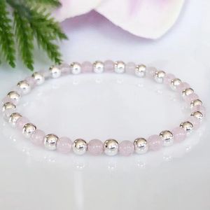 MG1903 4 MM Rose Quartz Silver Beads Bracelet Womens Gemstone Heart Chakra Wrist Mala Yoga Jewelry