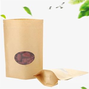 Packing Bags Kraft Paper Reusable Sealing Food Pouches Stand-Up Fruit Tea Gift Package With Transparent Window Storage Drop Delivery O Otfku