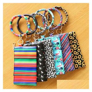 Keychains Lanyards New Pu Bracelet Keychain Leather Wrist Key Ring Round Leopard Wallet Bracelets Handbag Pendant Purse Lady Clutch Otjeb