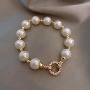 Länkarmband Natural Pearl Zirconia Connector for Women Real Gold Plated Armband Trendy Lady Bangle smycken Tillbehör
