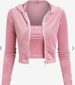 Women's Two Piece Girls Sling Hooded Long Sleeve Sweater Set Full Zip Velvet Cropped Sweatshirt With Embroidered Cami Top